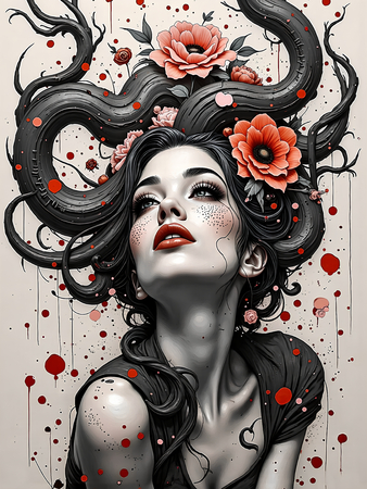 Tableau fantastique imprimé présentant un portrait féminin dynamique d'inspiration gothique, Tim Burton et manga japonais. Illustration originale et surnaturelle.
