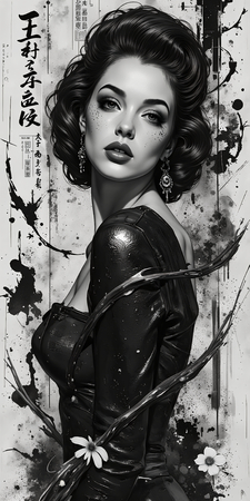 Tableau fantastique en noir et blanc représentant un portrait féminin gothique aux inspirations japonaises et burtoniennes. Illustration expressive et captivante.