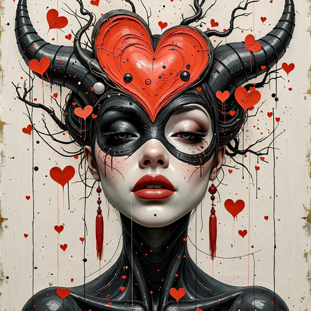 Tableau fantastique imprimé présentant un portrait féminin dynamique d'inspiration gothique, Tim Burton et manga japonais. Illustration originale et surnaturelle.