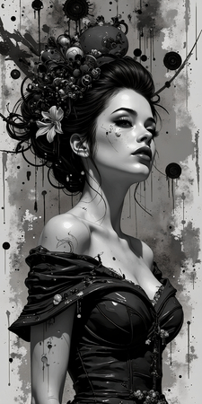 Tableau fantastique en noir et blanc représentant un portrait féminin gothique aux inspirations japonaises et burtoniennes. Illustration expressive et captivante.