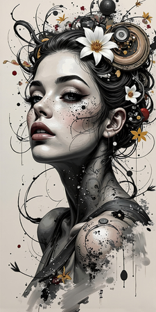 Tableau fantastique imprimé présentant un portrait féminin dynamique d'inspiration gothique, Tim Burton et manga japonais. Illustration originale et surnaturelle.