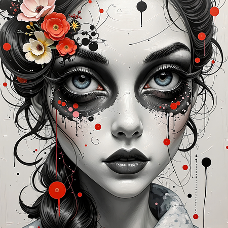 Tableau fantastique imprimé présentant un portrait féminin dynamique d'inspiration gothique, Tim Burton et manga japonais. Illustration originale et surnaturelle.