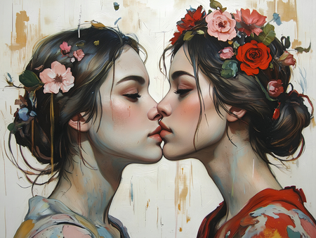 Tableau romantique représentant un couple de femmes s'embrassant, avec coiffures traditionnelles japonaises ornées de fleurs. Peinture numérique aux couleurs pastel et rouge sur fond clair.