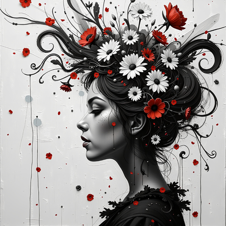 Tableau imprimé présentant un portrait féminin stylisé avec des cheveux noirs ornés de motifs floraux rouges sur un fond clair. Élégance mystérieuse et touche décorative subtile.