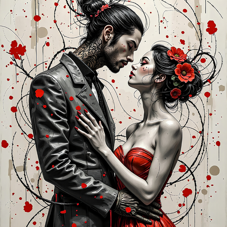 Tableau fantastique représentant un couple homme-femme avec influences gothiques et japonaises, l'homme arborant de nombreux tatouages. Illustration expressive et stylisée.