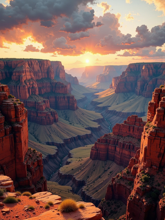 Tableau de paysage représentant une vue large et impressionnante sur le Grand Canyon. Une œuvre immersive aux reliefs majestueux et aux nuances minérales.
