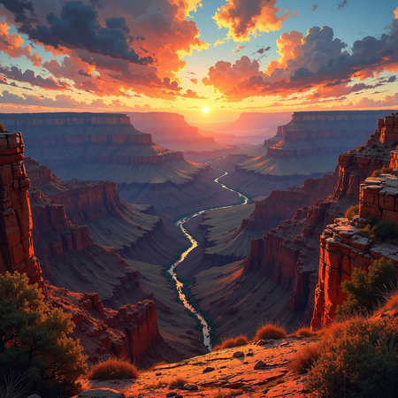 Tableau de paysage représentant une vue large et impressionnante sur le Grand Canyon. Une œuvre immersive aux reliefs majestueux et aux nuances minérales.