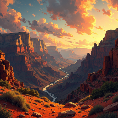 Tableau de paysage représentant une vue large et impressionnante sur le Grand Canyon. Une œuvre immersive aux reliefs majestueux et aux nuances minérales.