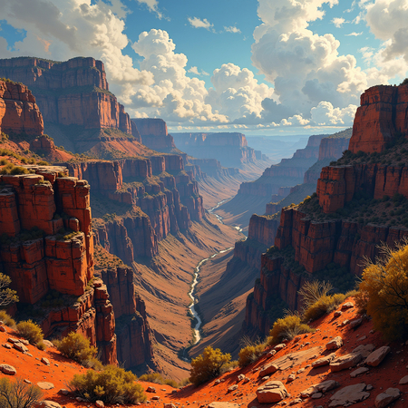 Tableau de paysage représentant une vue large et impressionnante sur le Grand Canyon. Une œuvre immersive aux reliefs majestueux et aux nuances minérales.