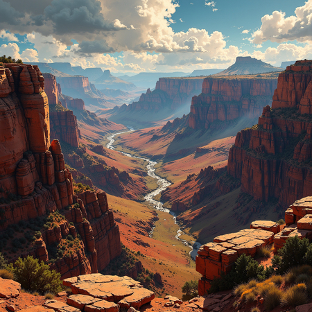 Tableau de paysage représentant une vue large et impressionnante sur le Grand Canyon. Une œuvre immersive aux reliefs majestueux et aux nuances minérales.