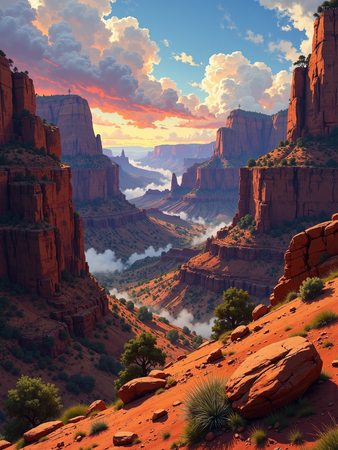 Tableau de paysage représentant une vue large et impressionnante sur le Grand Canyon. Une œuvre immersive aux reliefs majestueux et aux nuances minérales.