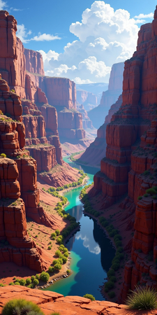 Tableau de paysage représentant une vue large et impressionnante sur le Grand Canyon. Une œuvre immersive aux reliefs majestueux et aux nuances minérales.