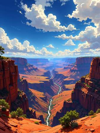 Tableau de paysage représentant une vue large et impressionnante sur le Grand Canyon. Une œuvre immersive aux reliefs majestueux et aux nuances minérales.
