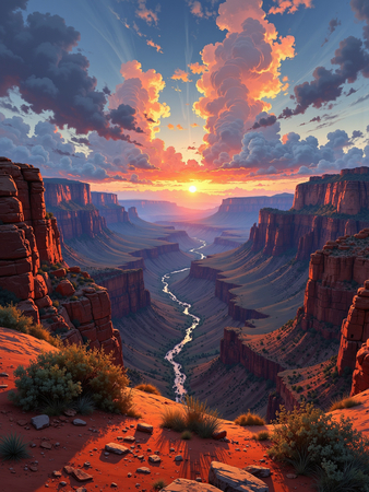 Tableau de paysage représentant une vue large et impressionnante sur le Grand Canyon. Une œuvre immersive aux reliefs majestueux et aux nuances minérales.