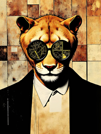 Tableau intrigant et stylisé d'un animal en costume noir avec des lunettes géométriques opaques. Une œuvre mystérieuse et originale pour une décoration contemporaine.