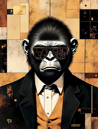 Tableau original d’un gorille anthropomorphe dans une ambiance abstraite et hypnotique. Illustration moderne, puissante et captivante, exclusivement disponible chez DECOTAB.