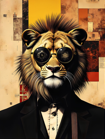 Tableau original d’un lion anthropomorphe dans une ambiance abstraite et hypnotique. Illustration moderne, puissante et captivante, exclusivement disponible chez DECOTAB.