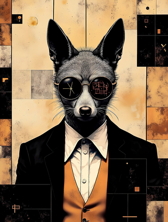 Tableau original d’un loup anthropomorphe au style décalé dans une ambiance abstraite et vibrante. Illustration moderne, énergique et captivante, exclusivement disponible chez DECOTAB.
