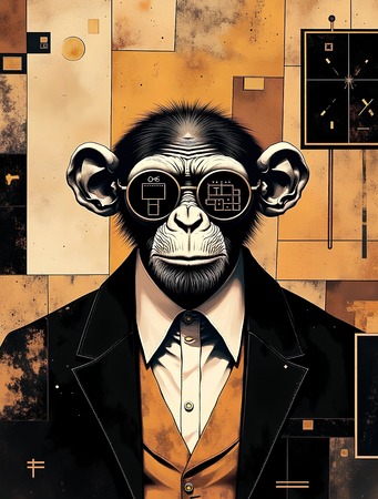 Tableau original d’un chimpanzé anthropomorphe dans une ambiance abstraite et hypnotique. Illustration moderne, expressive et captivante, exclusivement disponible chez DECOTAB.
