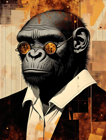 Tableau original d’un gorille anthropomorphe dans une ambiance abstraite et hypnotique. Illustration moderne, puissante et captivante, exclusivement disponible chez DECOTAB.
