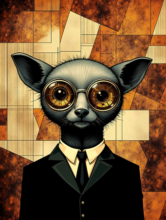 Tableau intrigant et stylisé d'un animal en costume noir avec des lunettes géométriques opaques. Une œuvre mystérieuse et originale pour une décoration contemporaine.