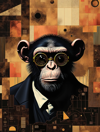 Tableau intrigant et stylisé d'un animal en costume noir avec des lunettes géométriques opaques. Une œuvre mystérieuse et originale pour une décoration contemporaine.