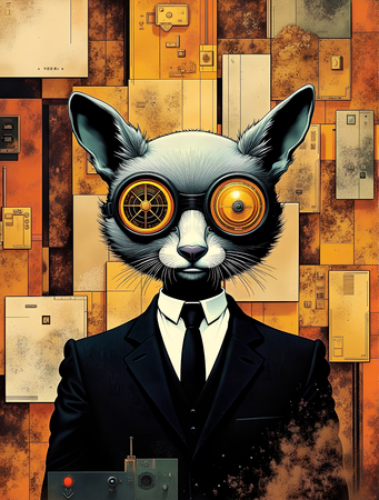 Tableau intrigant et stylisé d'un animal en costume noir avec des lunettes géométriques opaques. Une œuvre mystérieuse et originale pour une décoration contemporaine.