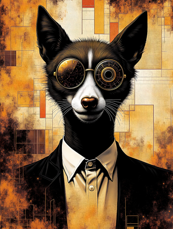 Tableau original d’un loup anthropomorphe au style décalé dans une ambiance abstraite et vibrante. Illustration moderne, énergique et captivante, exclusivement disponible chez DECOTAB.