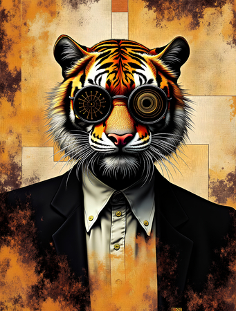 Tableau original d’un lion anthropomorphe dans une ambiance abstraite et hypnotique. Illustration moderne, puissante et captivante, exclusivement disponible chez DECOTAB.