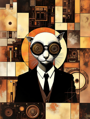 Tableau intrigant et stylisé d'un animal en costume noir avec des lunettes géométriques opaques. Une œuvre mystérieuse et originale pour une décoration contemporaine.