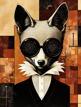 Tableau intrigant et stylisé d'un animal en costume noir avec des lunettes géométriques opaques. Une œuvre mystérieuse et originale pour une décoration contemporaine.