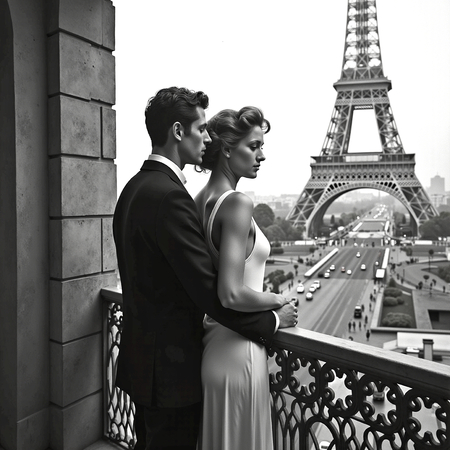 Tableau en noir et blanc représentant un couple sur un balcon parisien. Une scène élégante, mode et intimiste, avec vue sur les toits de Paris. Esthétique sobre et grain photographique raffiné.