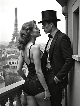 Tableau en noir et blanc représentant un couple sur un balcon parisien. Une scène élégante, mode et intimiste, avec vue sur les toits de Paris. Esthétique sobre et grain photographique raffiné.