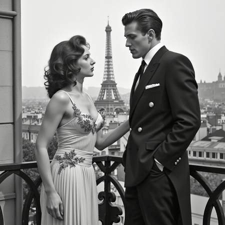 Tableau en noir et blanc représentant un couple sur un balcon parisien. Une scène élégante, mode et intimiste, avec vue sur les toits de Paris. Esthétique sobre et grain photographique raffiné.