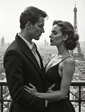 Tableau en noir et blanc représentant un couple sur un balcon parisien. Une scène élégante, mode et intimiste, avec vue sur les toits de Paris. Esthétique sobre et grain photographique raffiné.