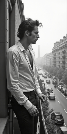 Tableau en noir et blanc représentant un homme en tenue décontractée sur un balcon parisien. Une scène élégante, sobre et contemporaine avec vue sur Paris.