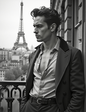 Tableau en noir et blanc représentant un homme en tenue décontractée sur un balcon parisien. Une scène élégante, sobre et contemporaine avec vue sur Paris.