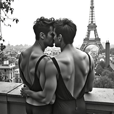 Tableau noir et blanc représentant un couple d'hommes dans un décor parisien élégant. Une scène douce et contemporaine, sobre et esthétique, pensée pour une décoration moderne et inclusive.