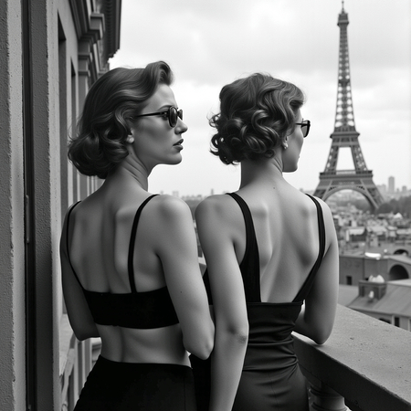 Tableau photographique noir et blanc élégant d'un couple de femmes sur un balcon parisien. Une scène intimiste, romantique et sobre, sans vulgarité.