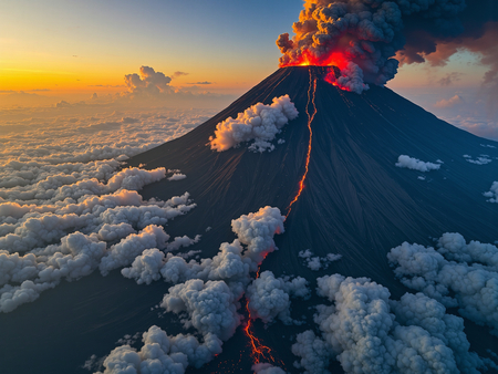 Tableau impressionnant représentant un paysage volcanique aux couleurs intenses et aux contrastes saisissants. Une décoration évocatrice et captivante.