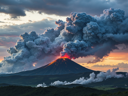 Tableau impressionnant représentant un paysage volcanique aux couleurs intenses et aux contrastes saisissants. Une décoration évocatrice et captivante.