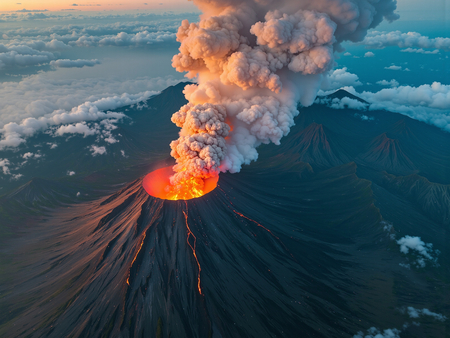 Tableau impressionnant représentant un paysage volcanique aux couleurs intenses et aux contrastes saisissants. Une décoration évocatrice et captivante.