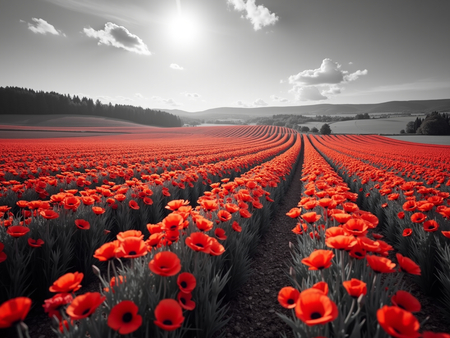 Tableau original représentant des coquelicots rouges sur fond noir et blanc, créant un contraste visuel saisissant. Décoration élégante et expressive.