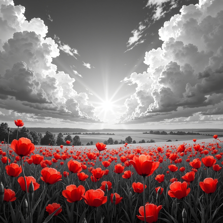 Tableau original représentant des coquelicots rouges sur fond noir et blanc, créant un contraste visuel saisissant. Décoration élégante et expressive.
