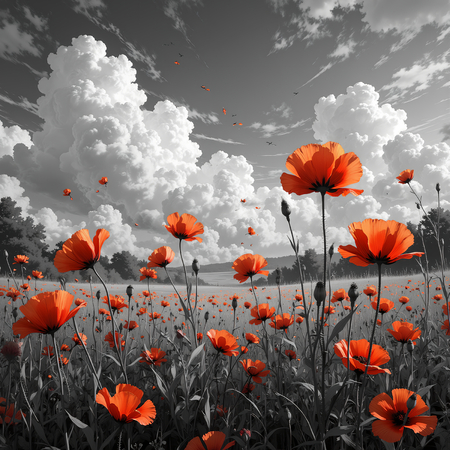 Tableau original représentant des coquelicots rouges sur fond noir et blanc, créant un contraste visuel saisissant. Décoration élégante et expressive.