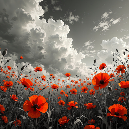 Tableau original représentant des coquelicots rouges sur fond noir et blanc, créant un contraste visuel saisissant. Décoration élégante et expressive.