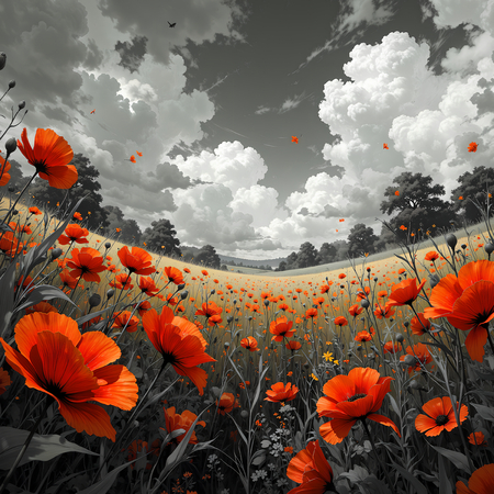 Tableau original représentant des coquelicots rouges sur fond noir et blanc, créant un contraste visuel saisissant. Décoration élégante et expressive.