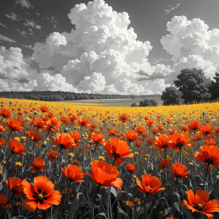 Tableau original représentant des coquelicots rouges sur fond noir et blanc, créant un contraste visuel saisissant. Décoration élégante et expressive.