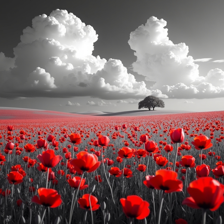Tableau original représentant des coquelicots rouges sur fond noir et blanc, créant un contraste visuel saisissant. Décoration élégante et expressive.