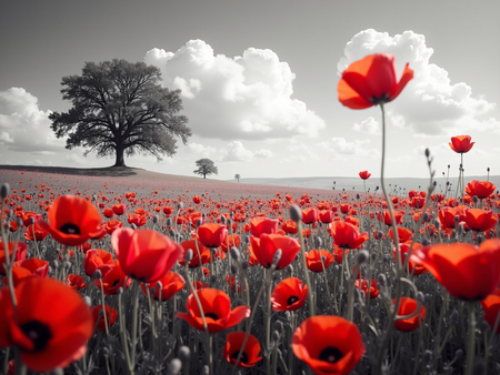 Tableau original représentant des coquelicots rouges sur fond noir et blanc, créant un contraste visuel saisissant. Décoration élégante et expressive.
